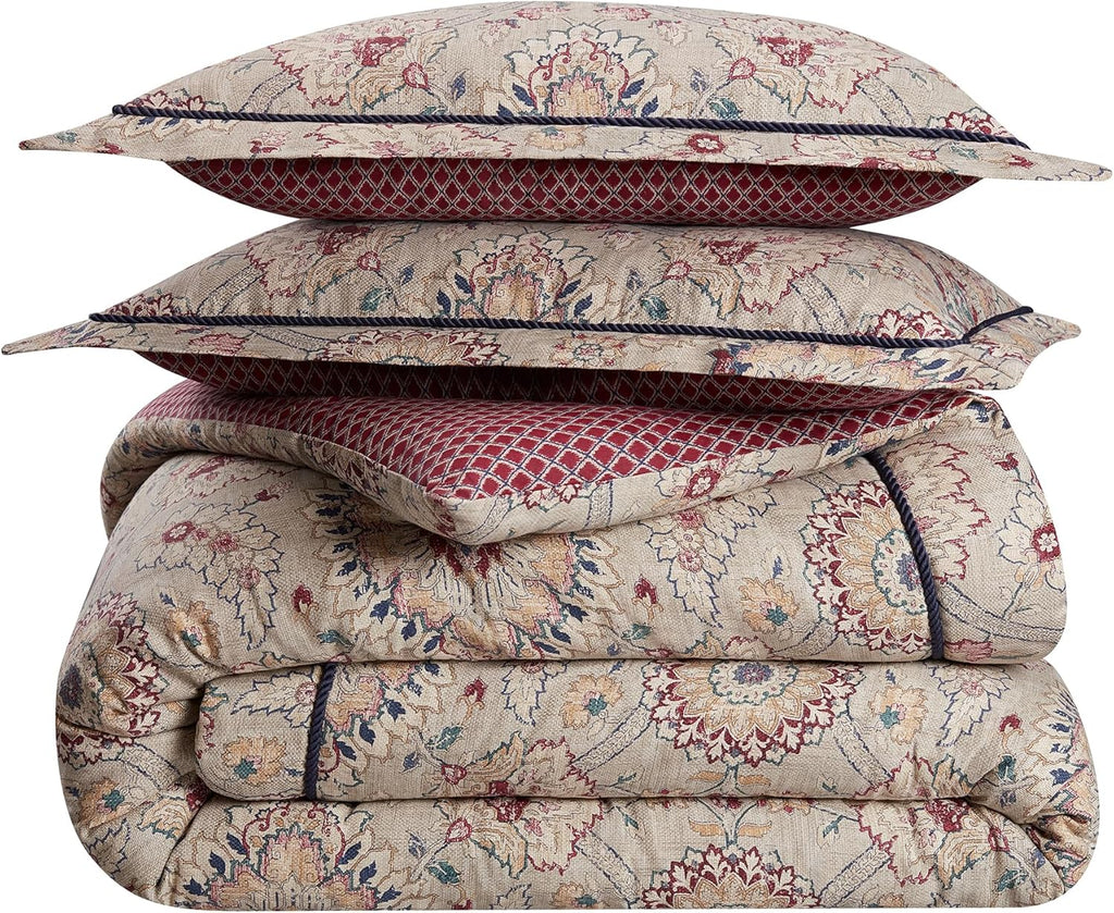 Beige & Maroon 4 Piece Cotton Comforter Set, Queen D9499