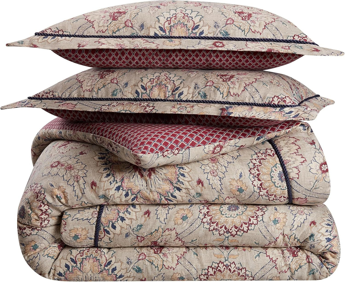 Beige & Maroon 4 Piece Cotton Comforter Set, Queen D9499