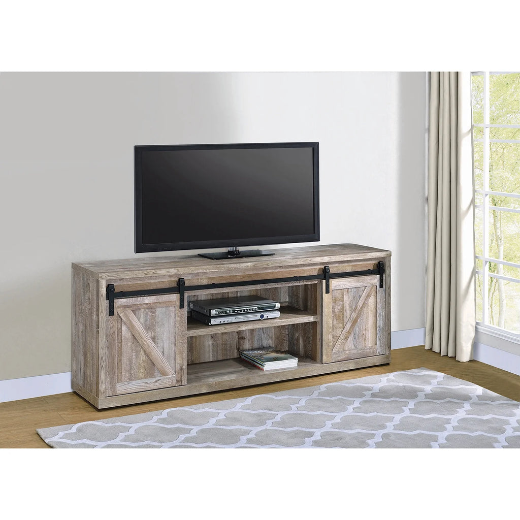 71-inch 3-shelf Sliding Doors TV Console Weathered Oak S695