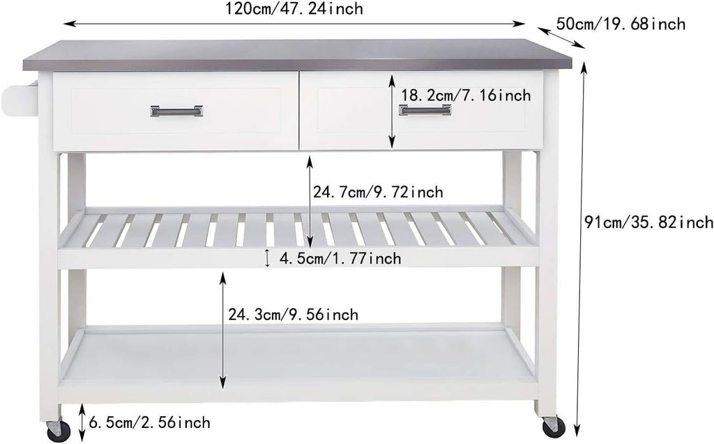 White Stainless Steel Top Kitchen Cart with 2 Drawers H841