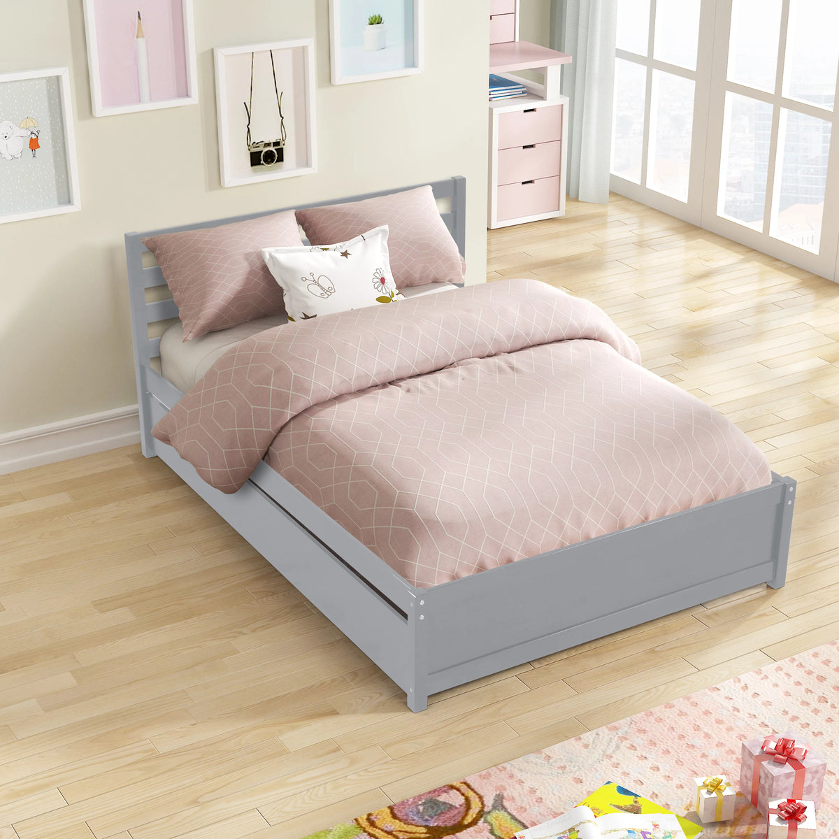 Full Size Wood Platform Bed Frame with Headboard and Trundle D8646