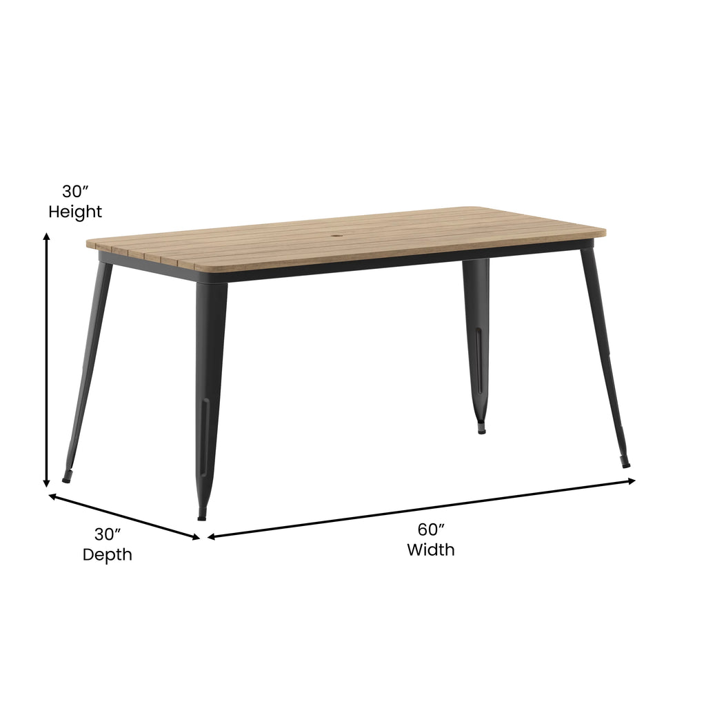 Indoor/Outdoor Dining Table with Umbrella Hole, 30" x 60" Brown Poly Resin Top and Black Steel Base B67892