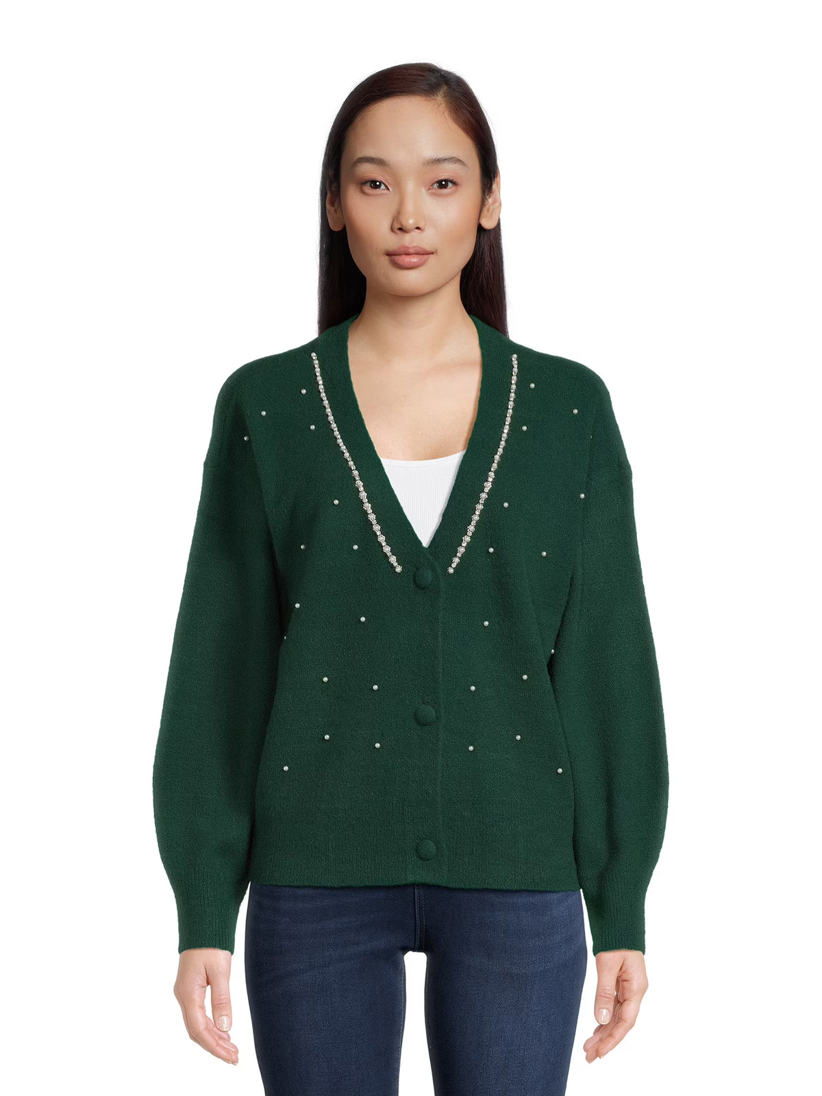 Women's V-Neck Embellished Button Front Cardigan with Long Sleeves R16006