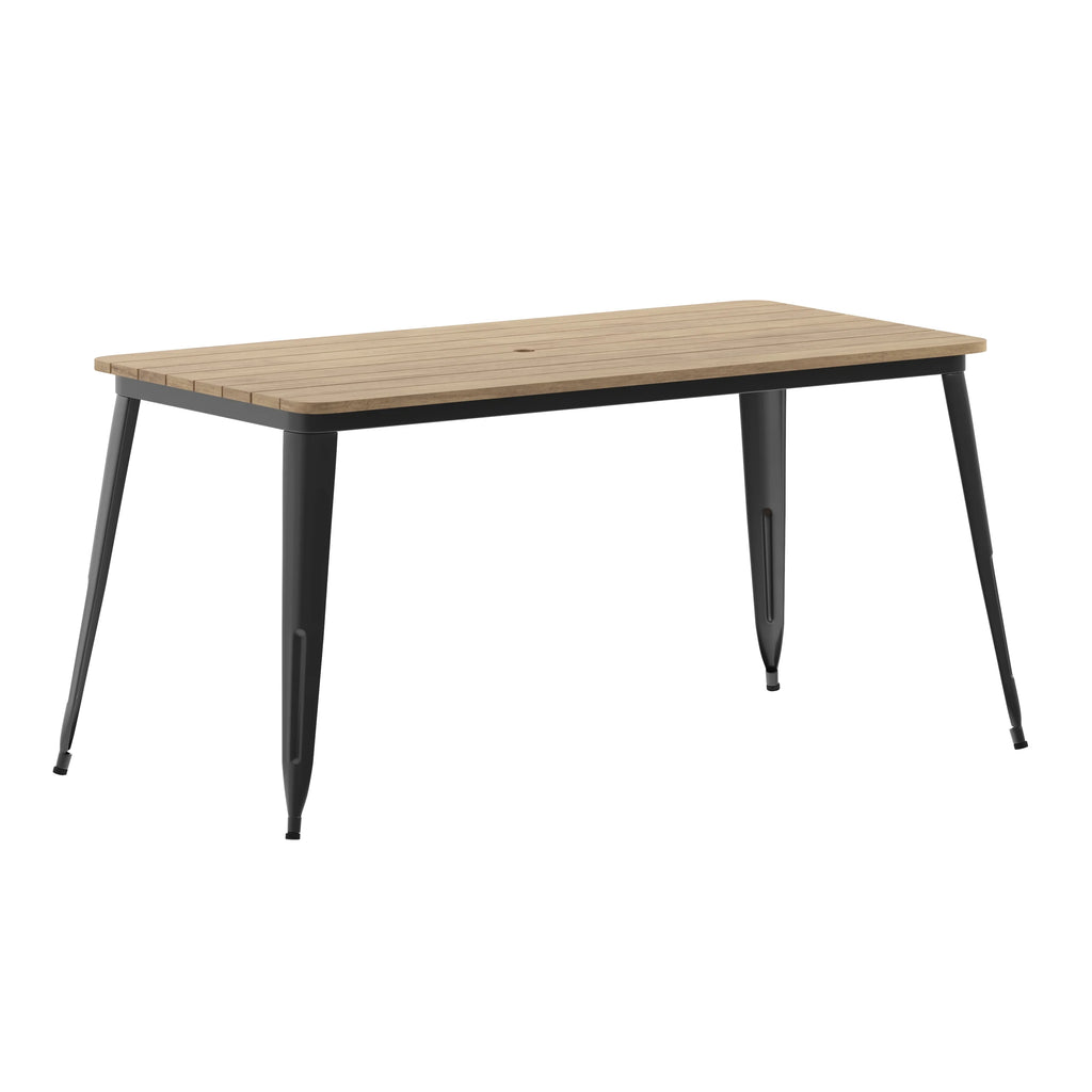 Indoor/Outdoor Dining Table with Umbrella Hole, 30" x 60" Brown Poly Resin Top and Black Steel Base B67892