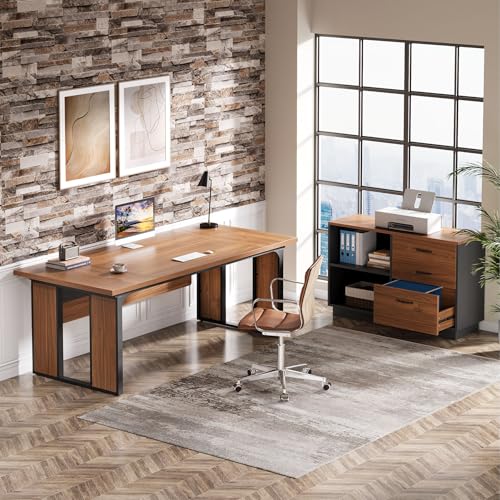 L-Shaped Executive Desk with Drawers Cabinet and Storage Shelves Y144315