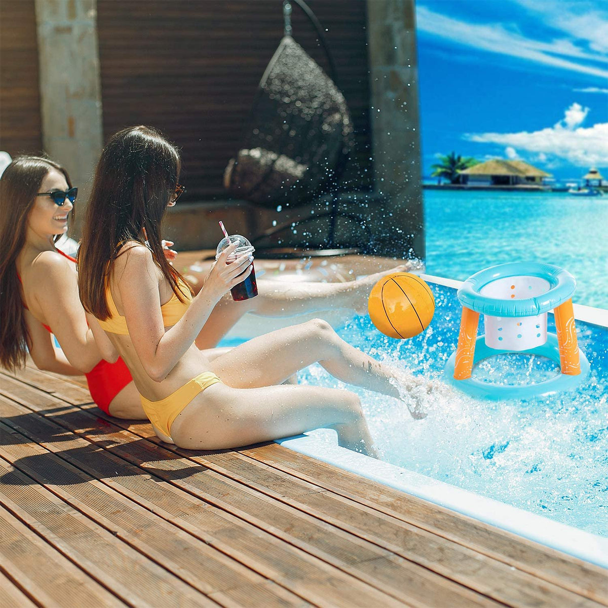 Inflatable Pool Float Set with Volleyball Net, Basketball Hoops, Balls Included Y986