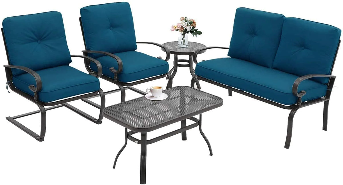 5-Piece Peacock Blue Outdoor Patio Metal Conversation Set with Tables E85293