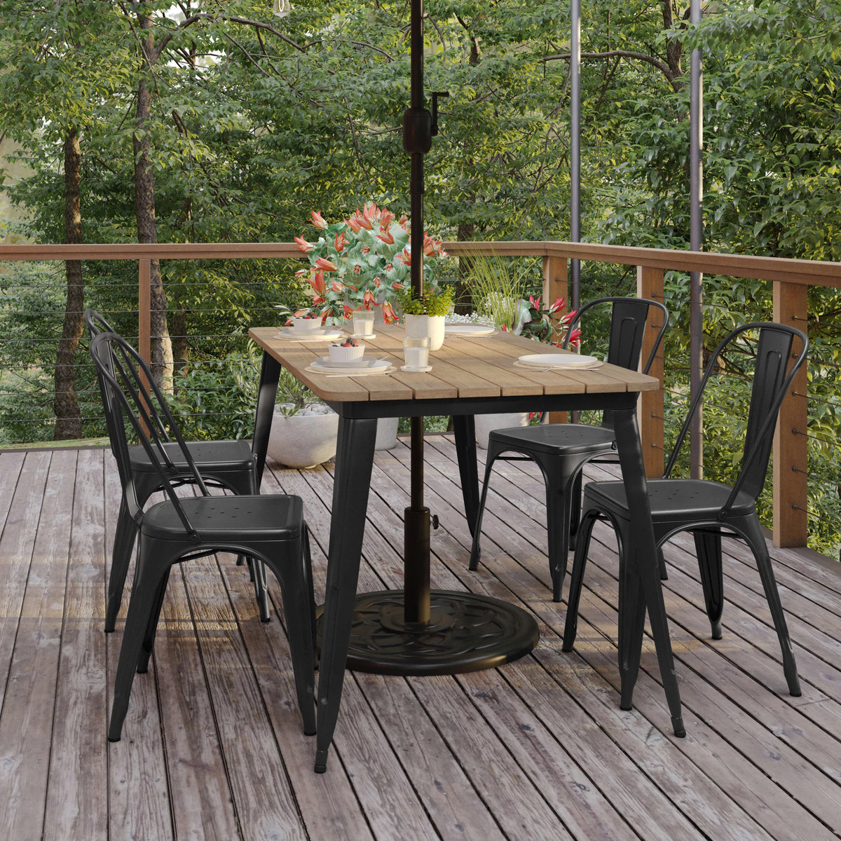 Indoor/Outdoor Dining Table with Umbrella Hole, 30" x 60" Brown Poly Resin Top and Black Steel Base B67892