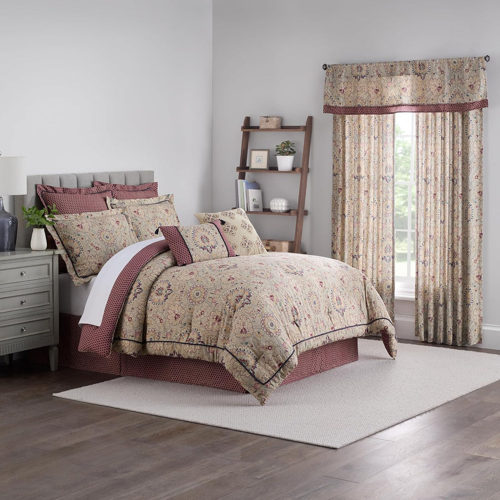 Beige & Maroon 4 Piece Cotton Comforter Set, Queen D9499
