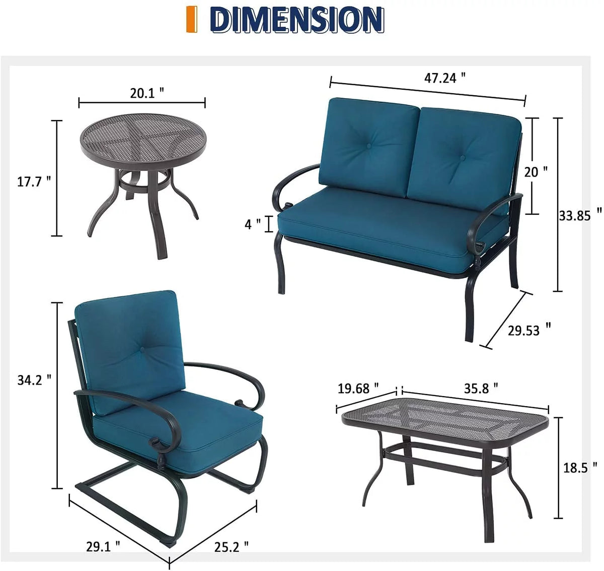 5-Piece Peacock Blue Outdoor Patio Metal Conversation Set with Tables E85293