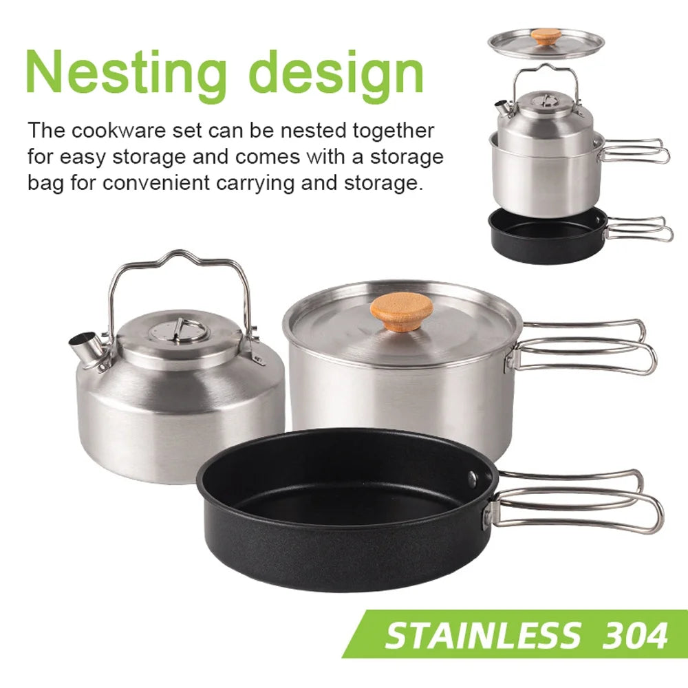 Stainless Steel Camping Cookware Set with Pot Frying Pan Kettle J4501