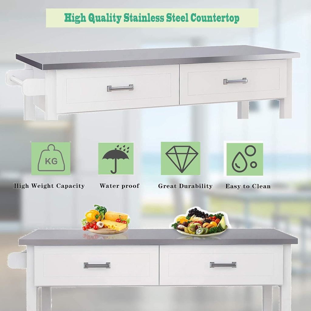 White Stainless Steel Top Kitchen Cart with 2 Drawers H841