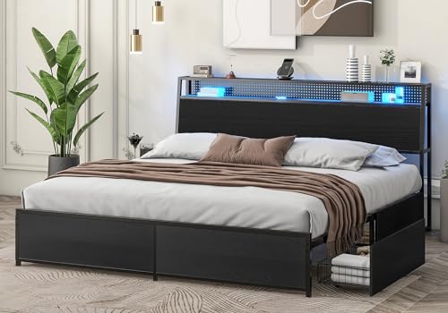 Queen Bed Frame with LED Lights, Metal Platform Bed Frame with 4 Storage Drawers, Tall Bookcase Headboard and Charging Station, Black T962