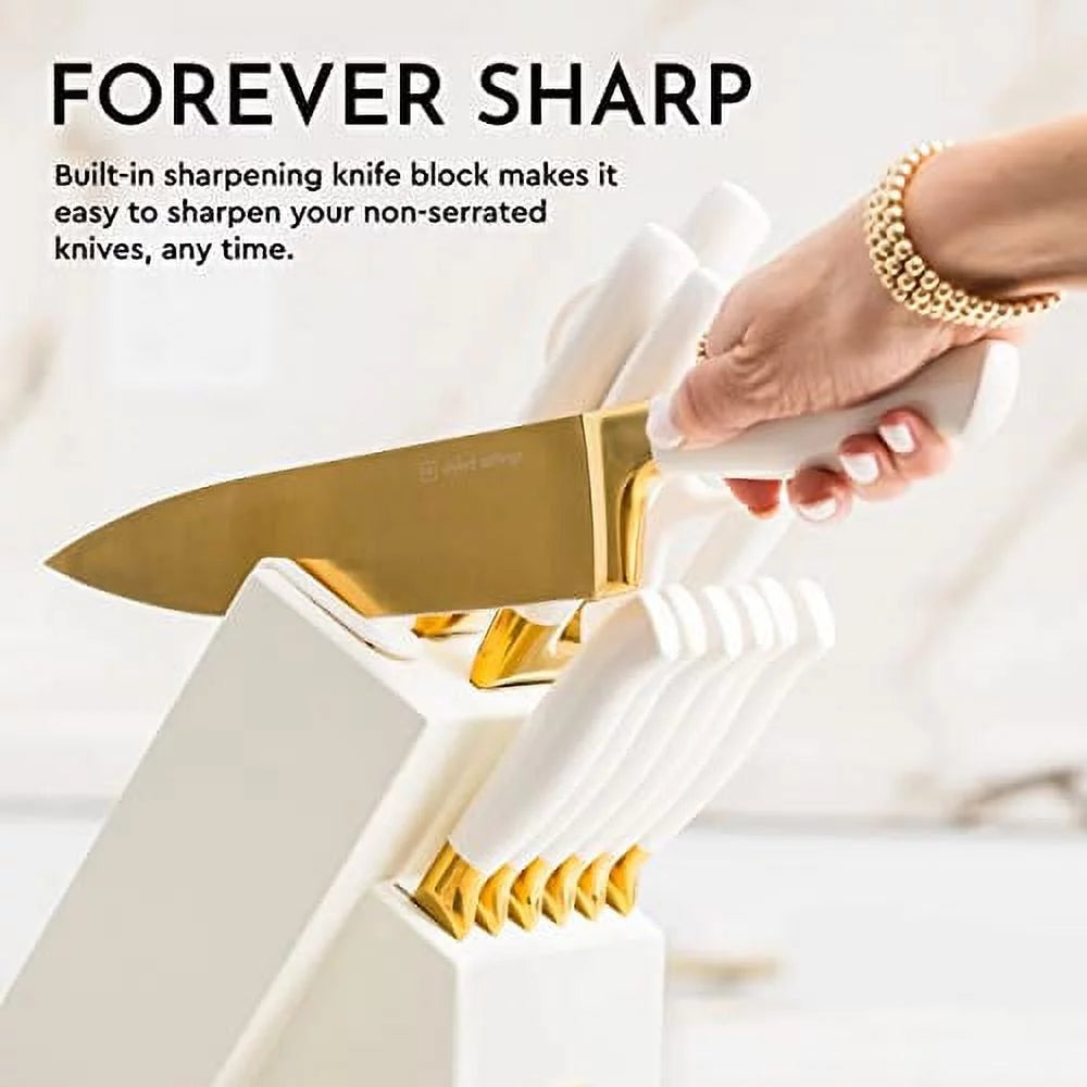 14 PC Titanium Coated White and Gold Knife Set with Block R151
