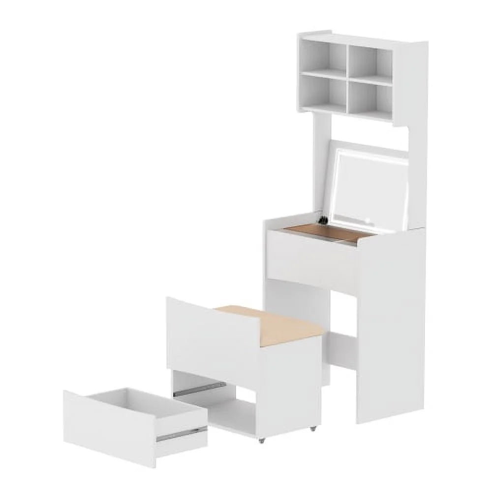 White Compact Vanity Desk Set with Flip Top Mirror and Stool U67079