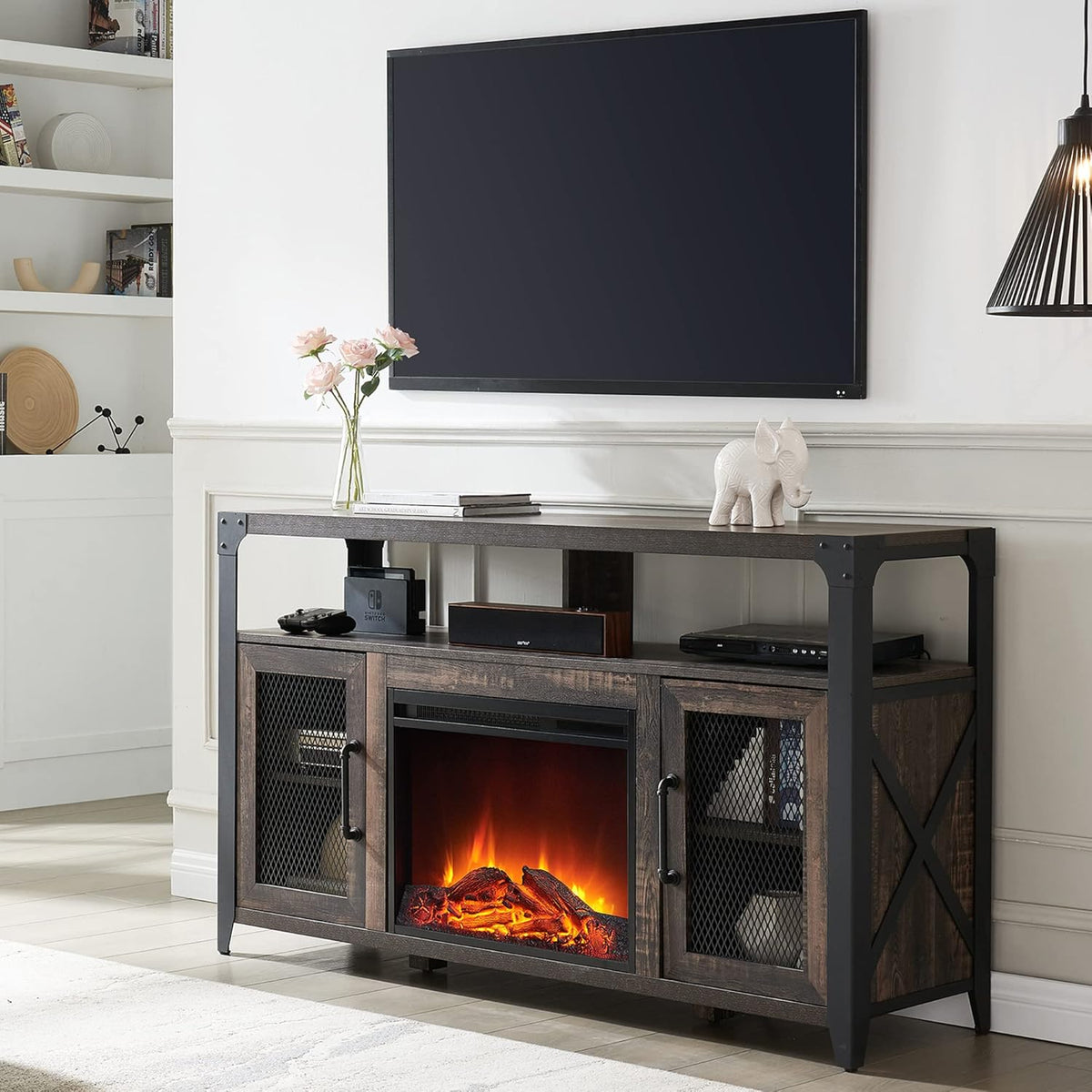 TV Stand with Sturdy Metal Side X-Frame, Dark Rustic Oak J87183