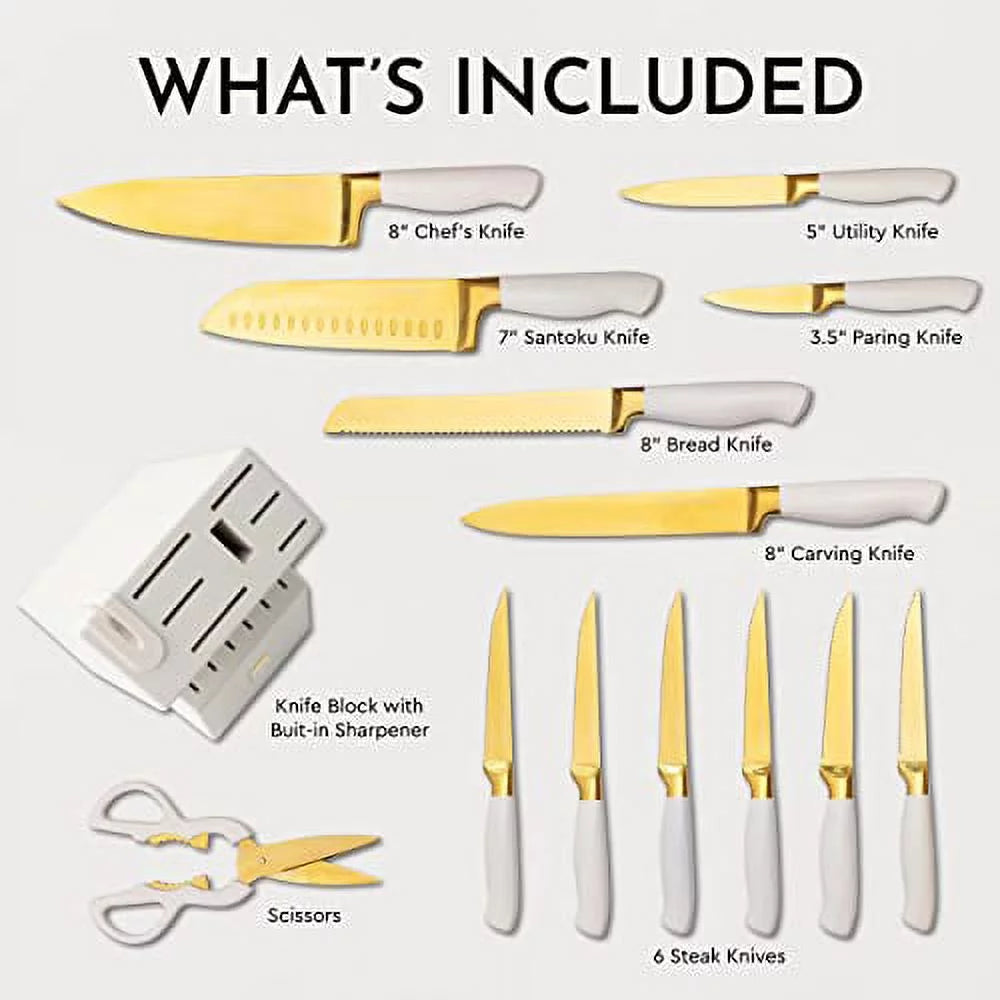 14 PC Titanium Coated White and Gold Knife Set with Block R151
