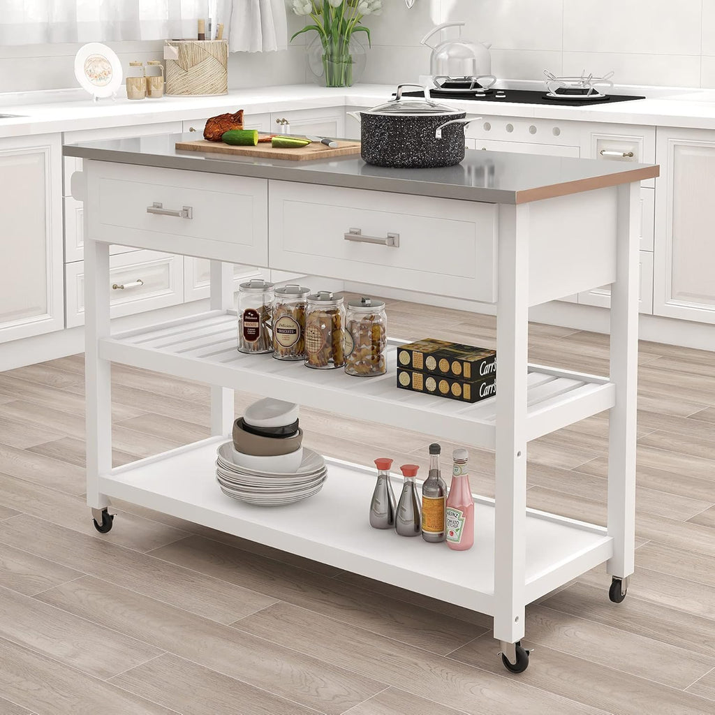 White Stainless Steel Top Kitchen Cart with 2 Drawers H841