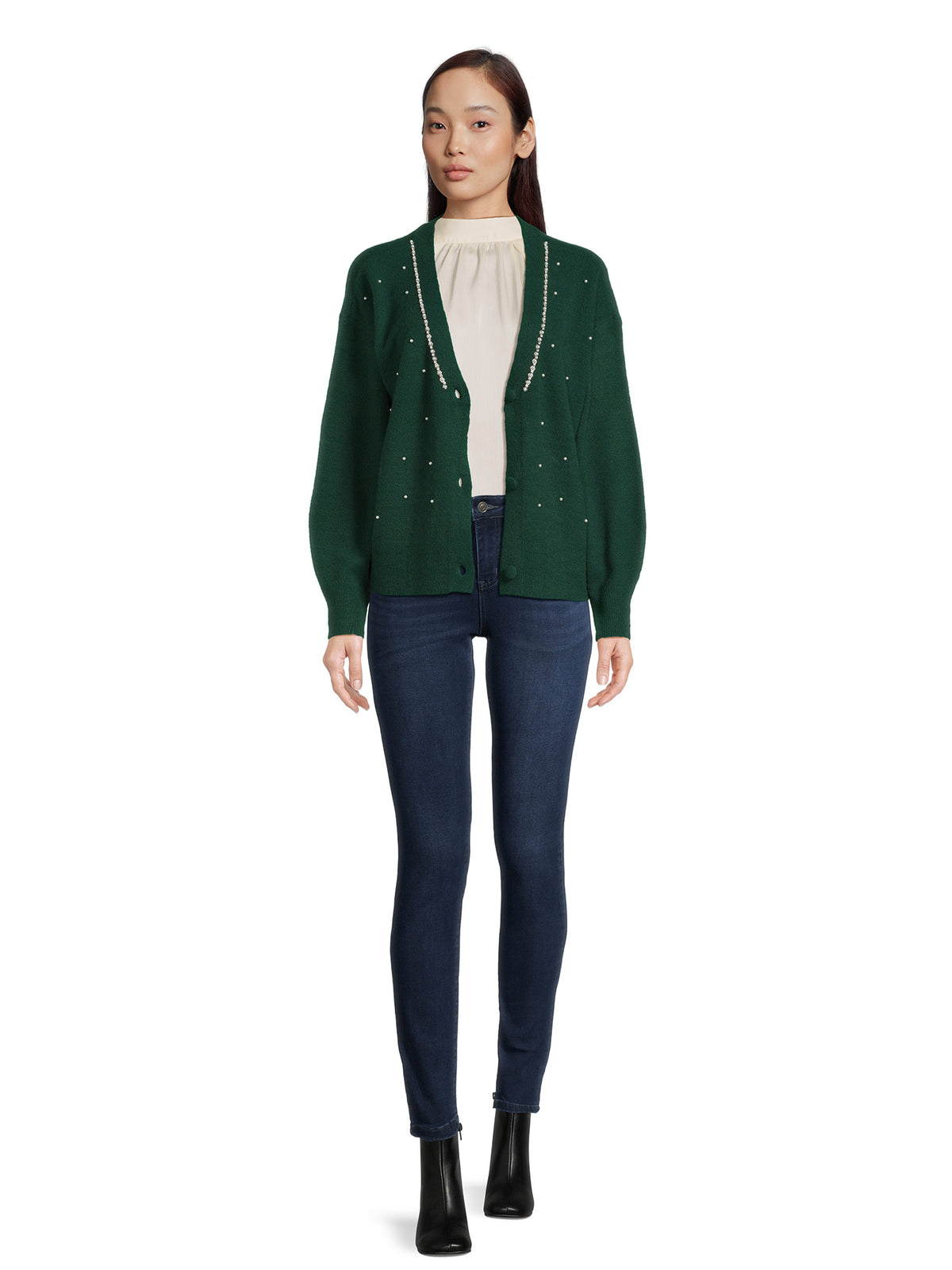 Women's V-Neck Embellished Button Front Cardigan with Long Sleeves R16006