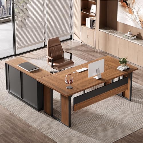 L-Shaped Executive Desk with Drawers Cabinet and Storage Shelves Y144315