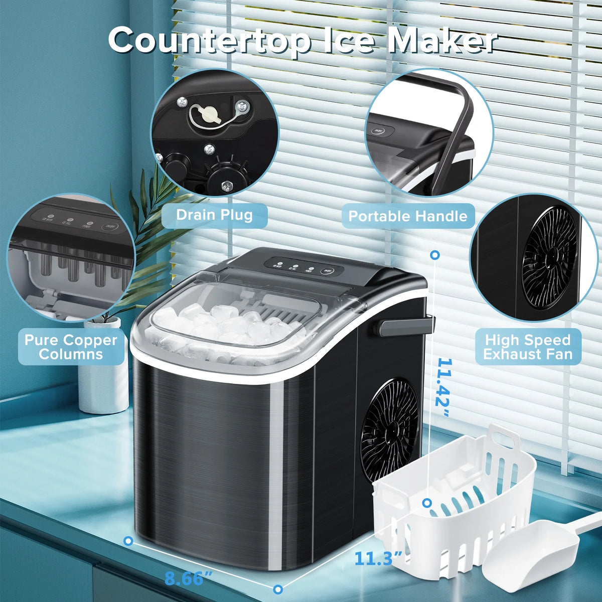 Portable Ice Maker Countertop, Self-Cleaning Ice Machine, Stainless Steel Black A239