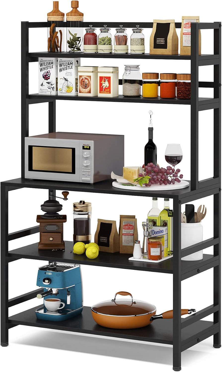 5-Tier Kitchen Bakers Rack with Hutch, Industrial Microwave Oven Stand, Free Standing Kitchen Utility Cart Storage Shelf Organizer (Rustic Brown) O60357