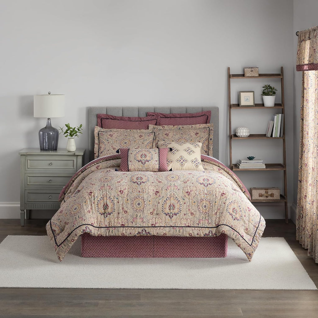 Beige & Maroon 4 Piece Cotton Comforter Set, Queen D9499