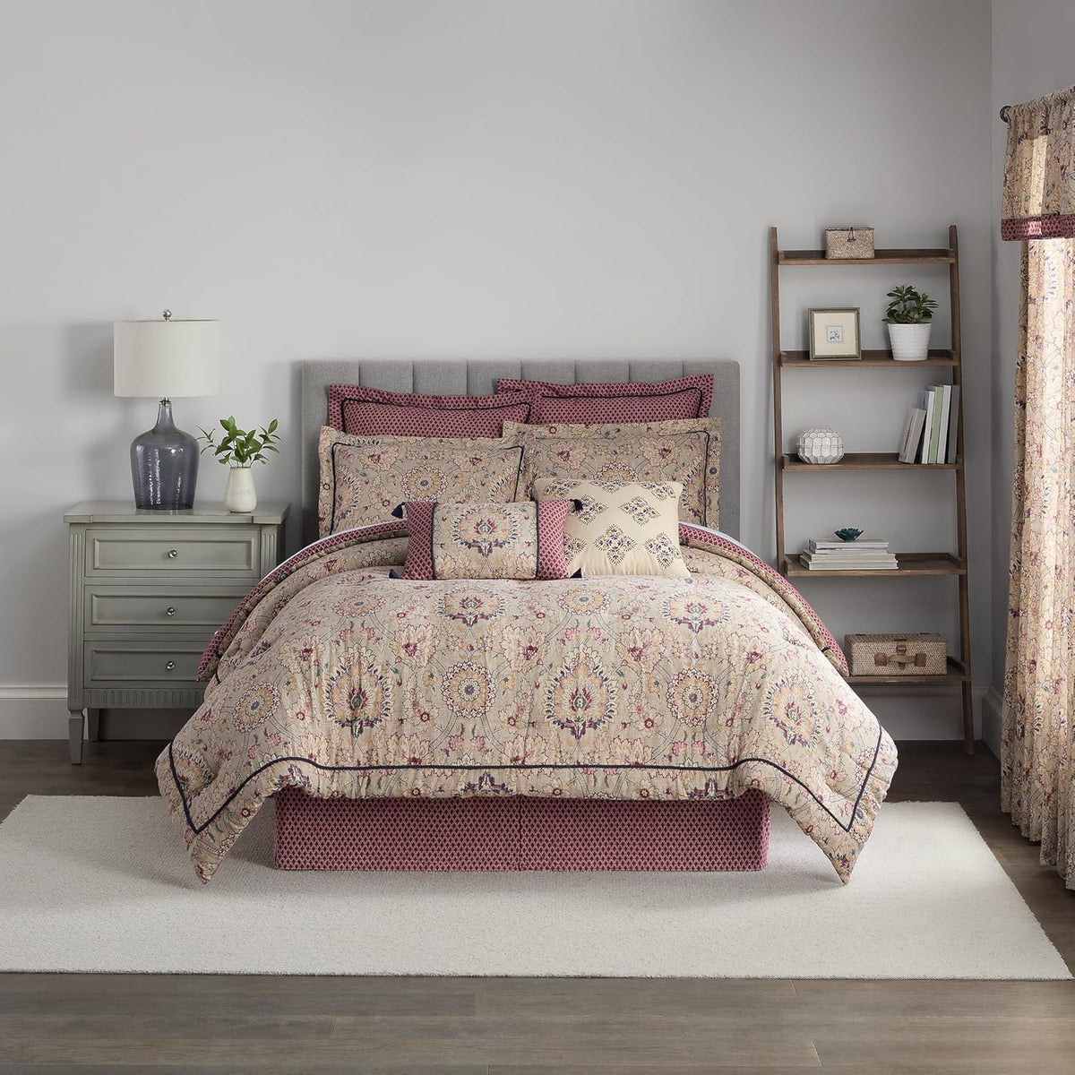 Beige & Maroon 4 Piece Cotton Comforter Set, Queen D9499