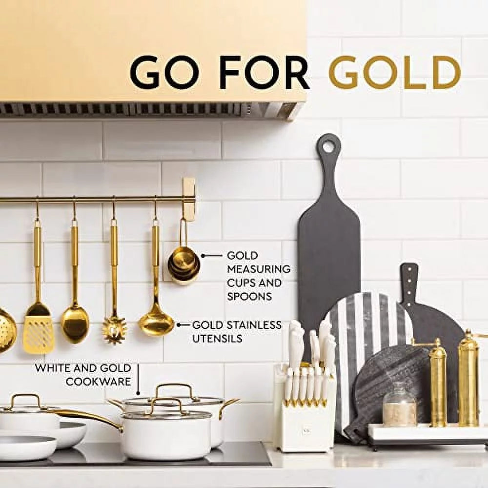 14 PC Titanium Coated White and Gold Knife Set with Block R151