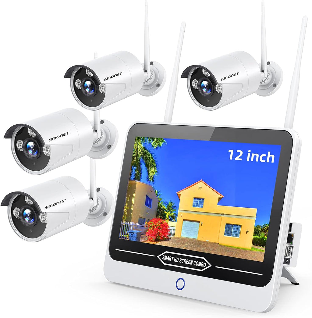 3MP Wireless Security Camera System with 12” Monitor, 8CH NVR, 4Pcs 3MP Cameras E433