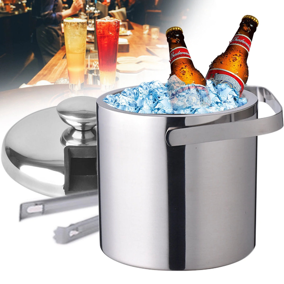 Stainless Steel Insulated Ice Bucket 1.3L with Lid Strainer and Ice Tong X551274