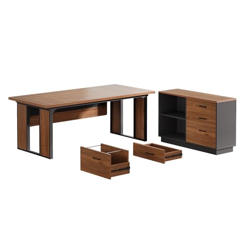 L-Shaped Executive Desk with Drawers Cabinet and Storage Shelves Y144315