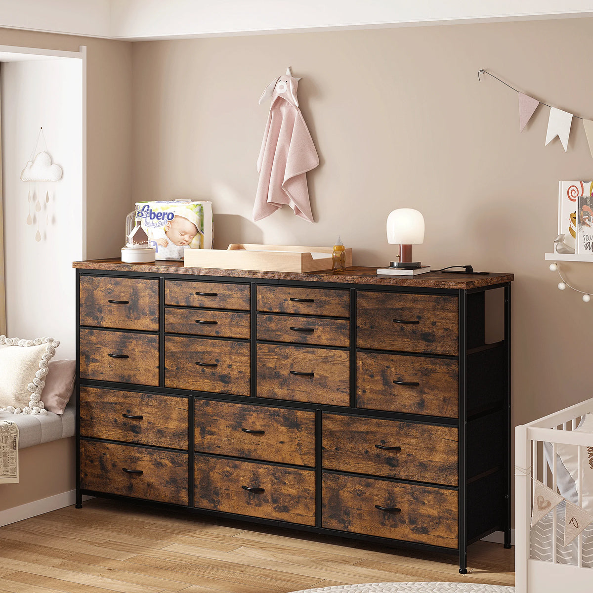 Black 16 Drawer Fabric Dresser TV Stand with Power Outlet Z629361