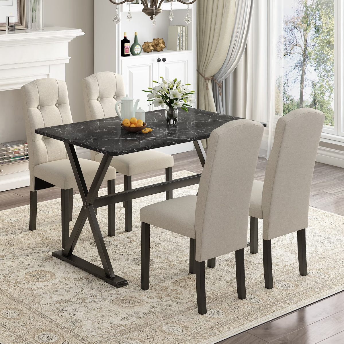 5 Piece Dining Set with Faux Marble Tabletop and 4 Upholstered Chairs S9691