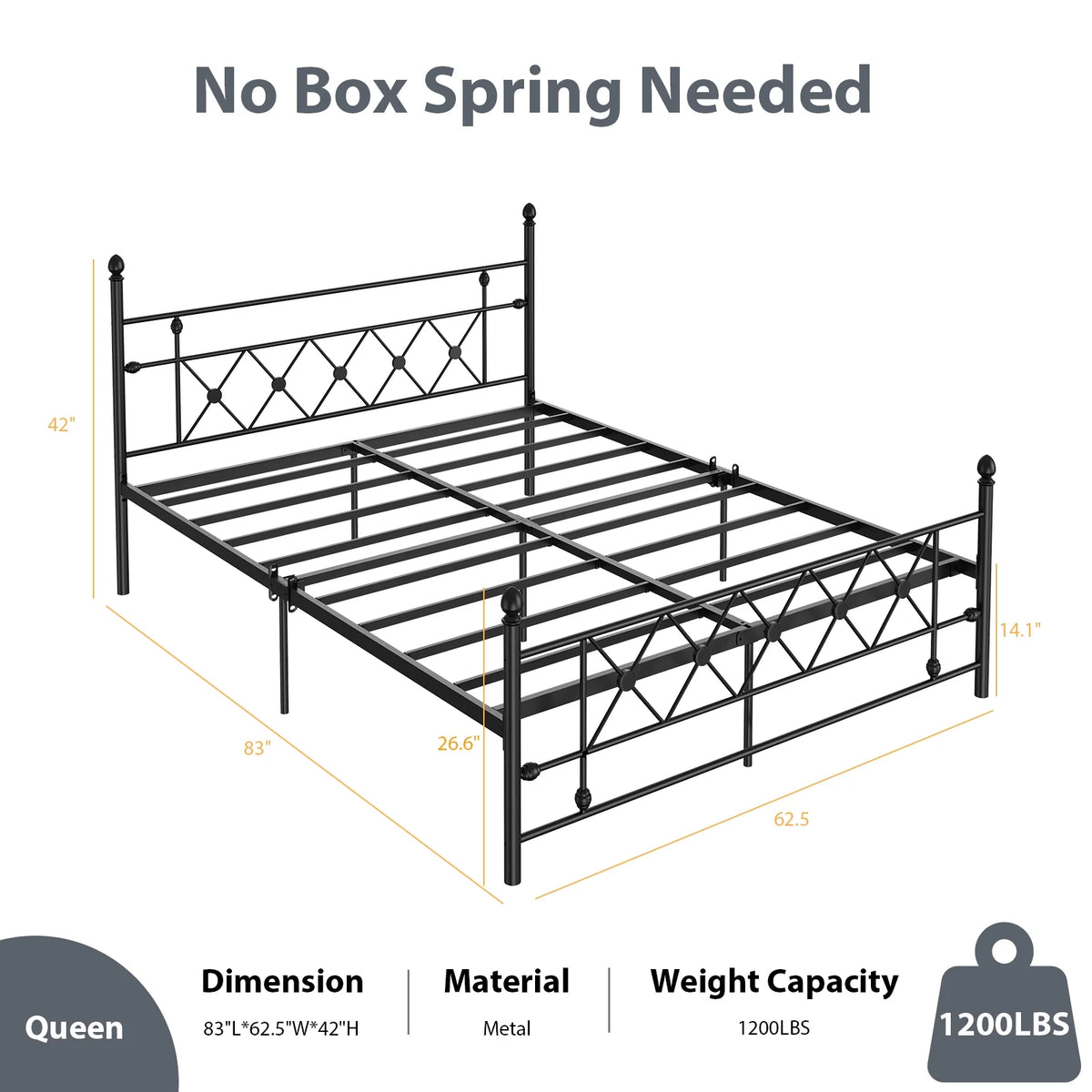 Queen Size Black Metal Platform Bed Frame with Headboard M701778