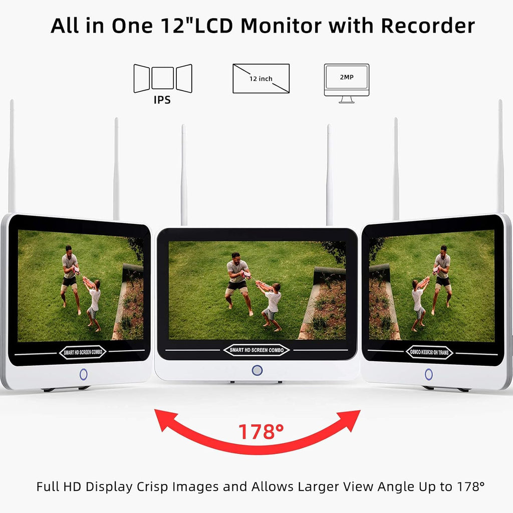 3MP Wireless Security Camera System with 12” Monitor, 8CH NVR, 4Pcs 3MP Cameras E433