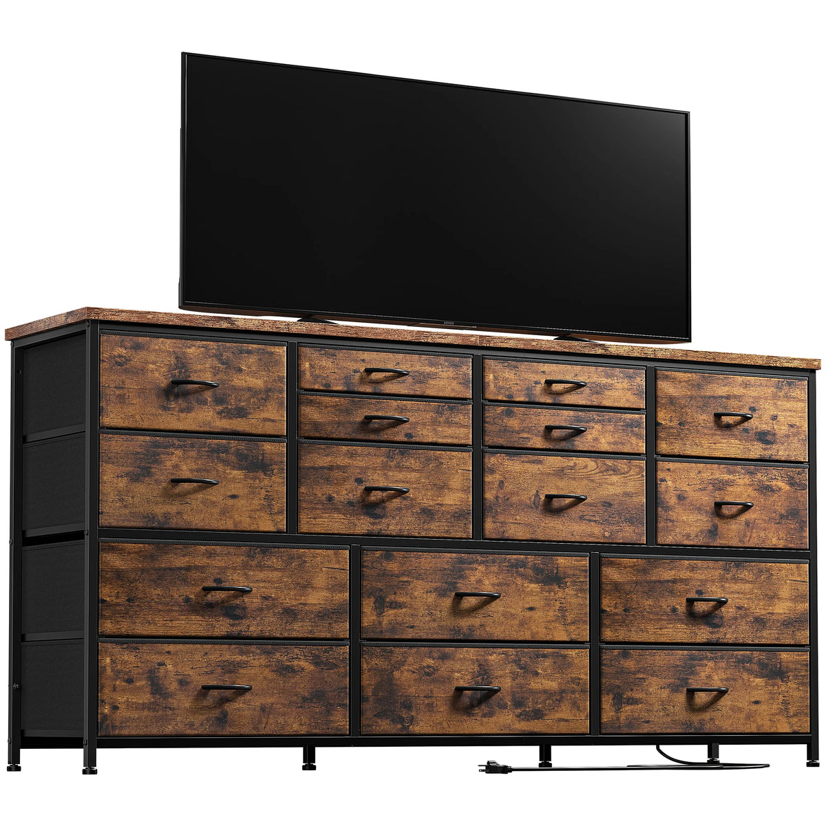 Black 16 Drawer Fabric Dresser TV Stand with Power Outlet Z629361