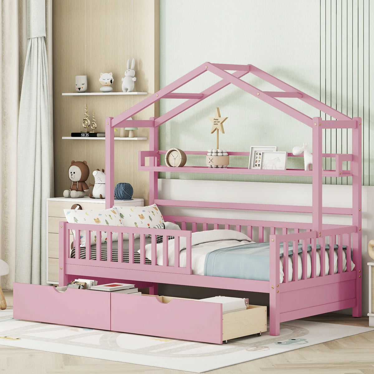Twin Size Wooden House Bed with 2 Drawers V3627