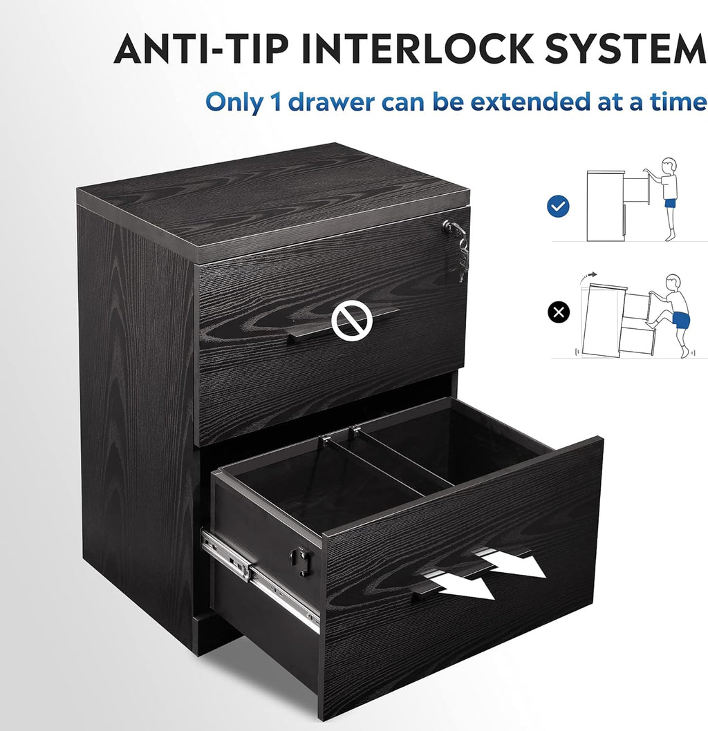 Black 2-Drawer Wood Lateral File Cabinet with Lock C518