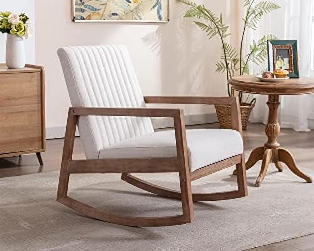 Linen Mid Century Rocking Chair with Padded Seat and Wood Frame N403