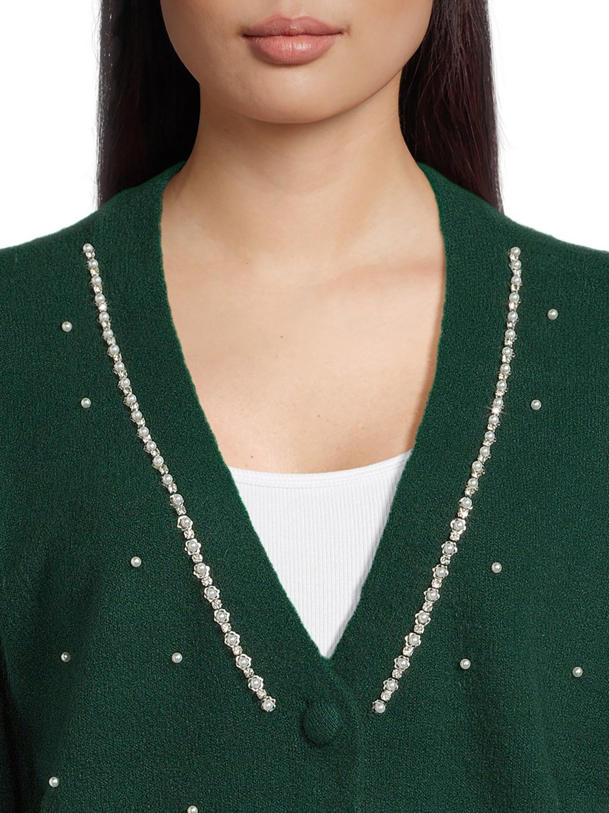 Women's V-Neck Embellished Button Front Cardigan with Long Sleeves R16006