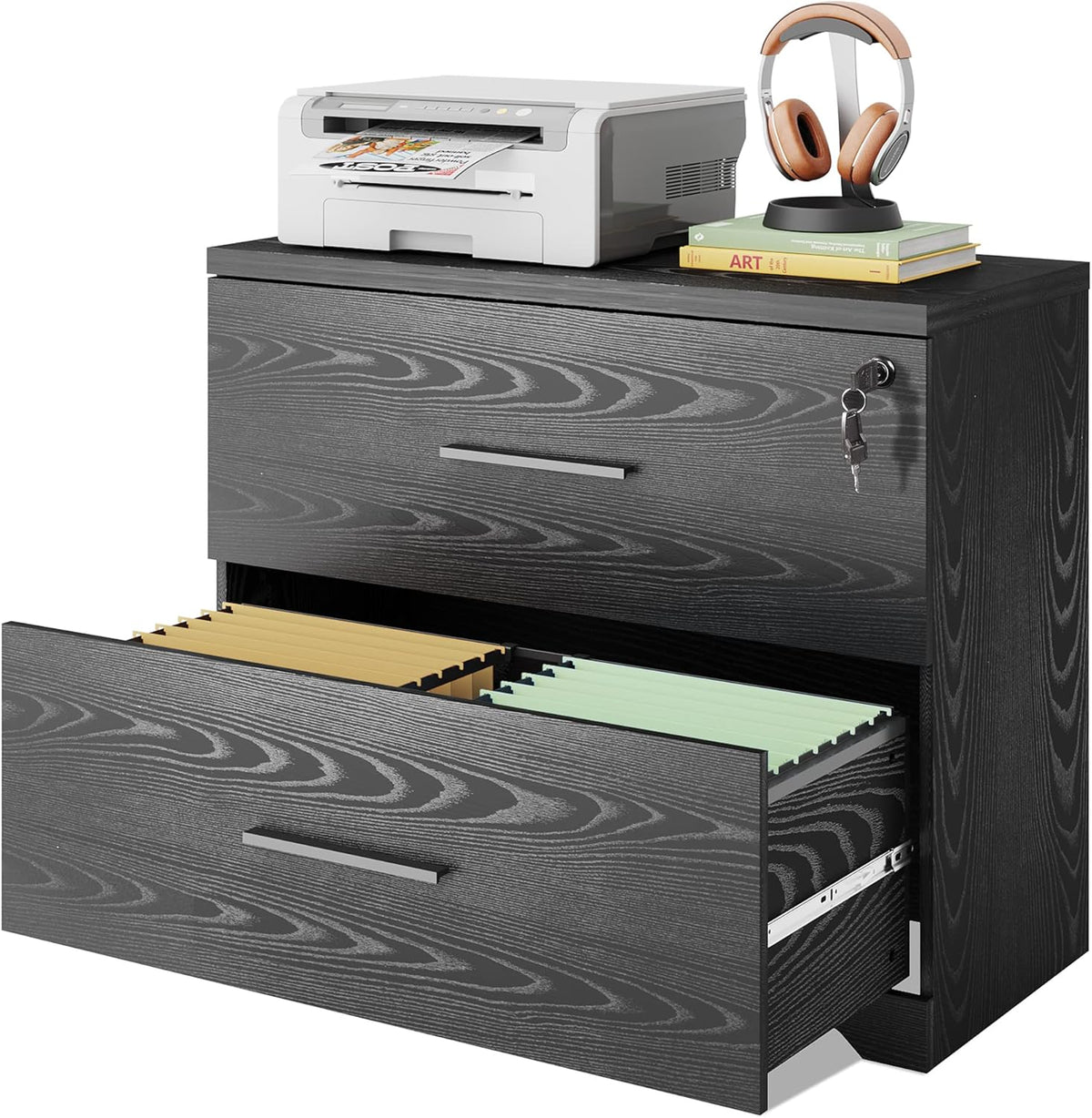 Black 2-Drawer Wood Lateral File Cabinet with Lock C518