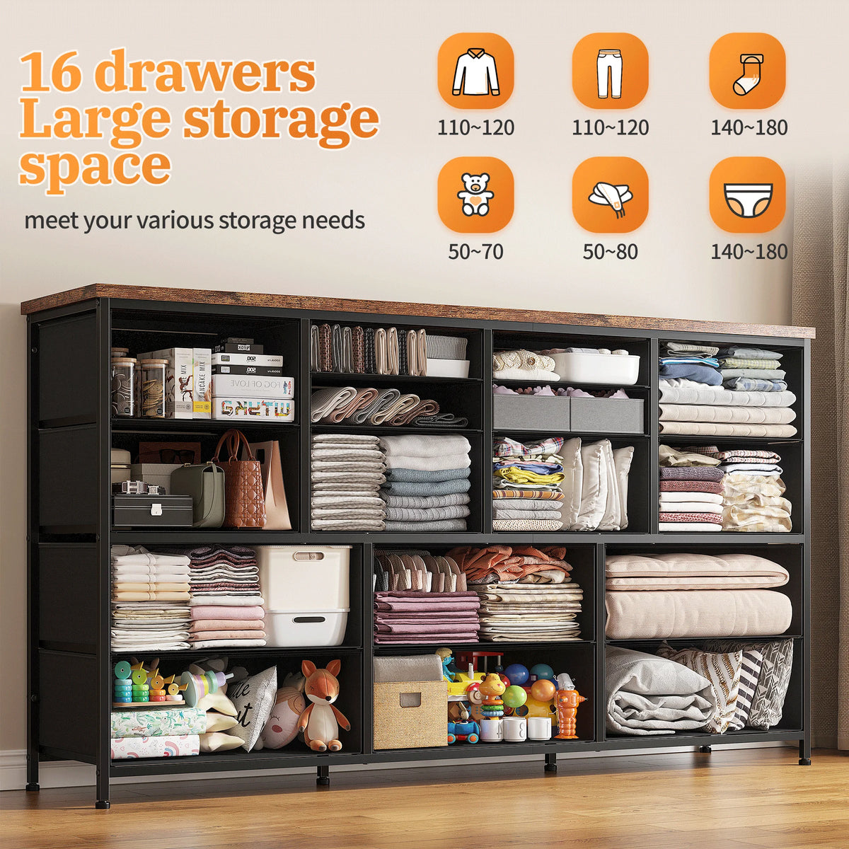 Black 16 Drawer Fabric Dresser TV Stand with Power Outlet Z629361