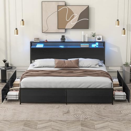 Queen Bed Frame with LED Lights, Metal Platform Bed Frame with 4 Storage Drawers, Tall Bookcase Headboard and Charging Station, Black T962