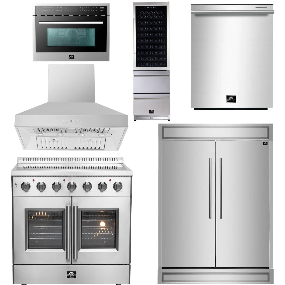 36 Electric French Door Range, Wall Mount Range Hood, Refrigerator, Dishwasher, Microwave and Wine Cooler K6846