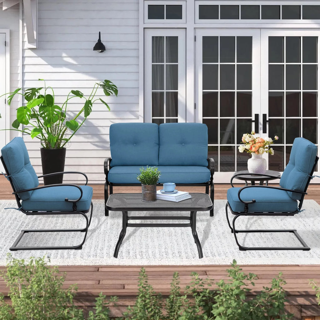 5-Piece Peacock Blue Outdoor Patio Metal Conversation Set with Tables E85293