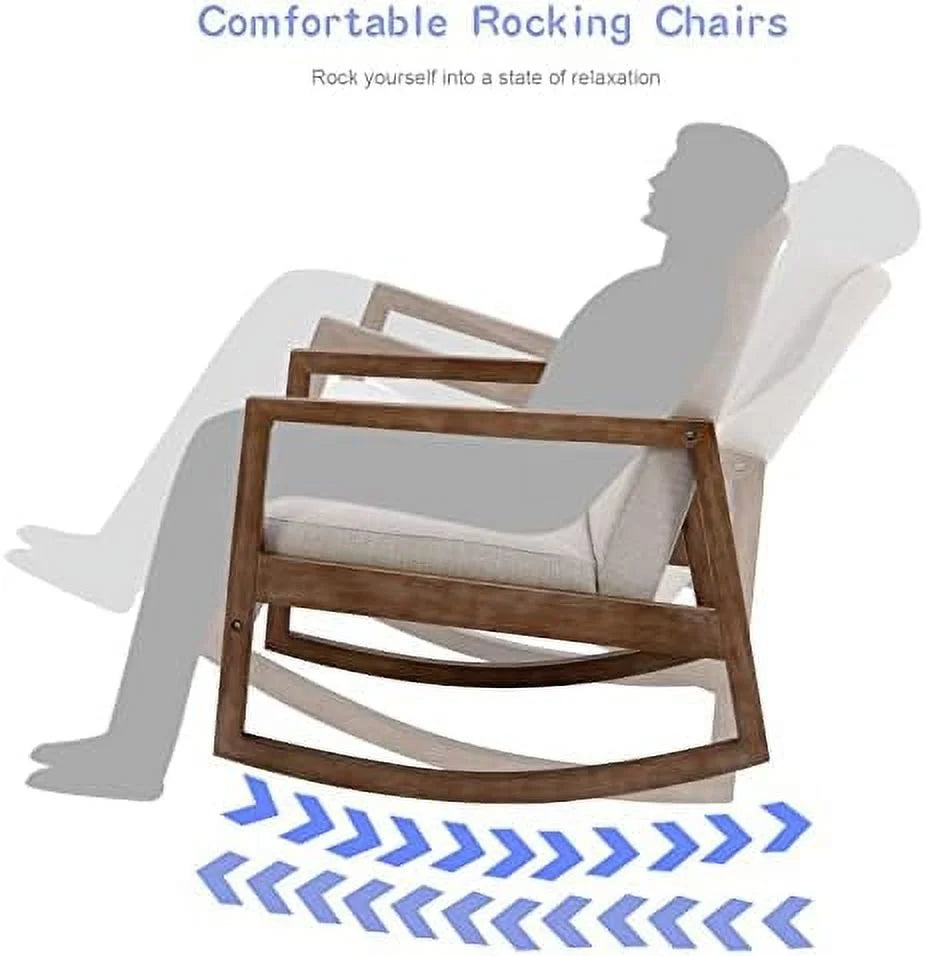 Linen Mid Century Rocking Chair with Padded Seat and Wood Frame N403
