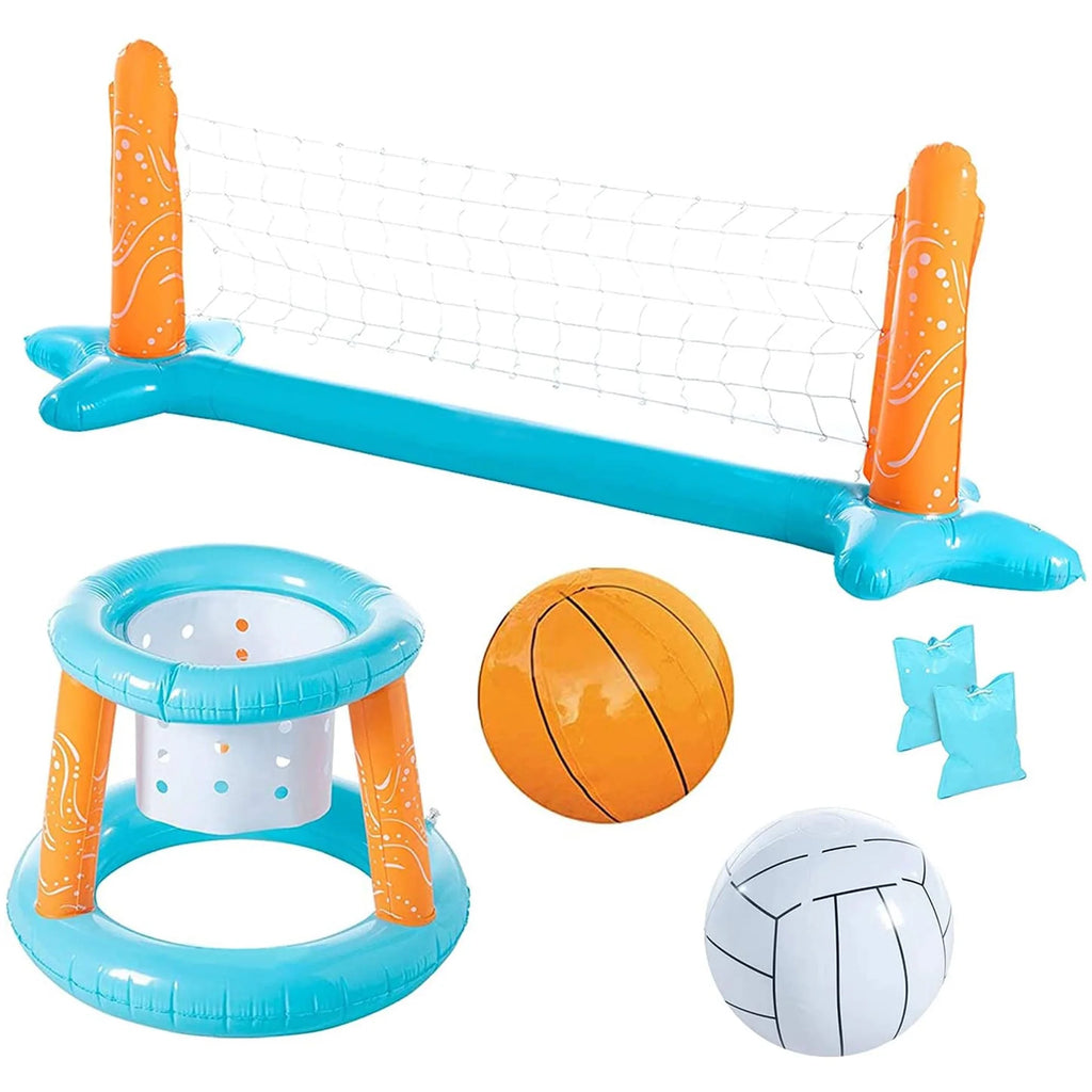 Inflatable Pool Float Set with Volleyball Net, Basketball Hoops, Balls Included Y986