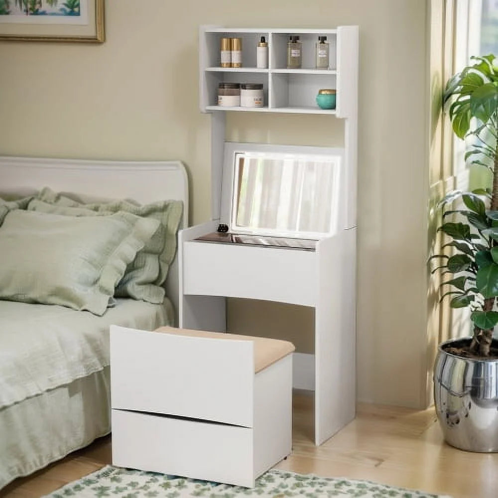 White Compact Vanity Desk Set with Flip Top Mirror and Stool U67079
