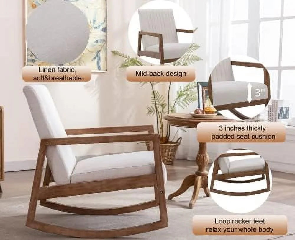 Linen Mid Century Rocking Chair with Padded Seat and Wood Frame N403